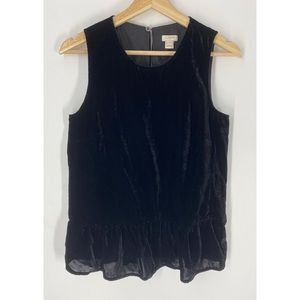 J. Crew Velvet Black Peplum Hem Top Blouse with Button Clasp Key Hole Back